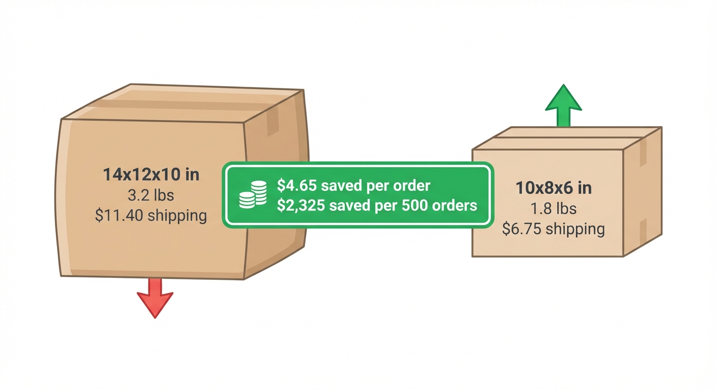 Clean flat UI infographic on a white background showing two shipping boxes side by side — a large inefficient box labeled '14x12x10 in / 3.2 lbs / $11.40 shipping' and a compact optimized box labeled '10x8x6 in / 1.8 lbs / $6.75 shipping' with a bold green callout showing '$4.65 saved per order / $2,325 saved per 500 orders'