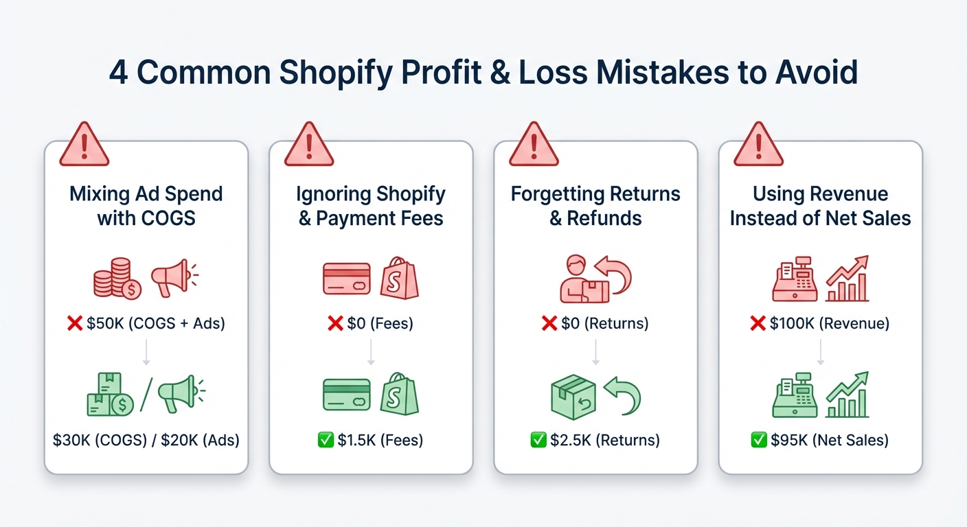 Clean infographic on a white background illustrating four common Shopify P&L mistakes as labeled warning-icon cards: 'Mixing Ad Spend with COGS', 'Ignoring Shopify & Payment Fees', 'Forgetting Returns & Refunds', and 'Using Revenue Instead of Net Sales', each card showing a small red incorrect figure crossed out and a corrected green figure below it