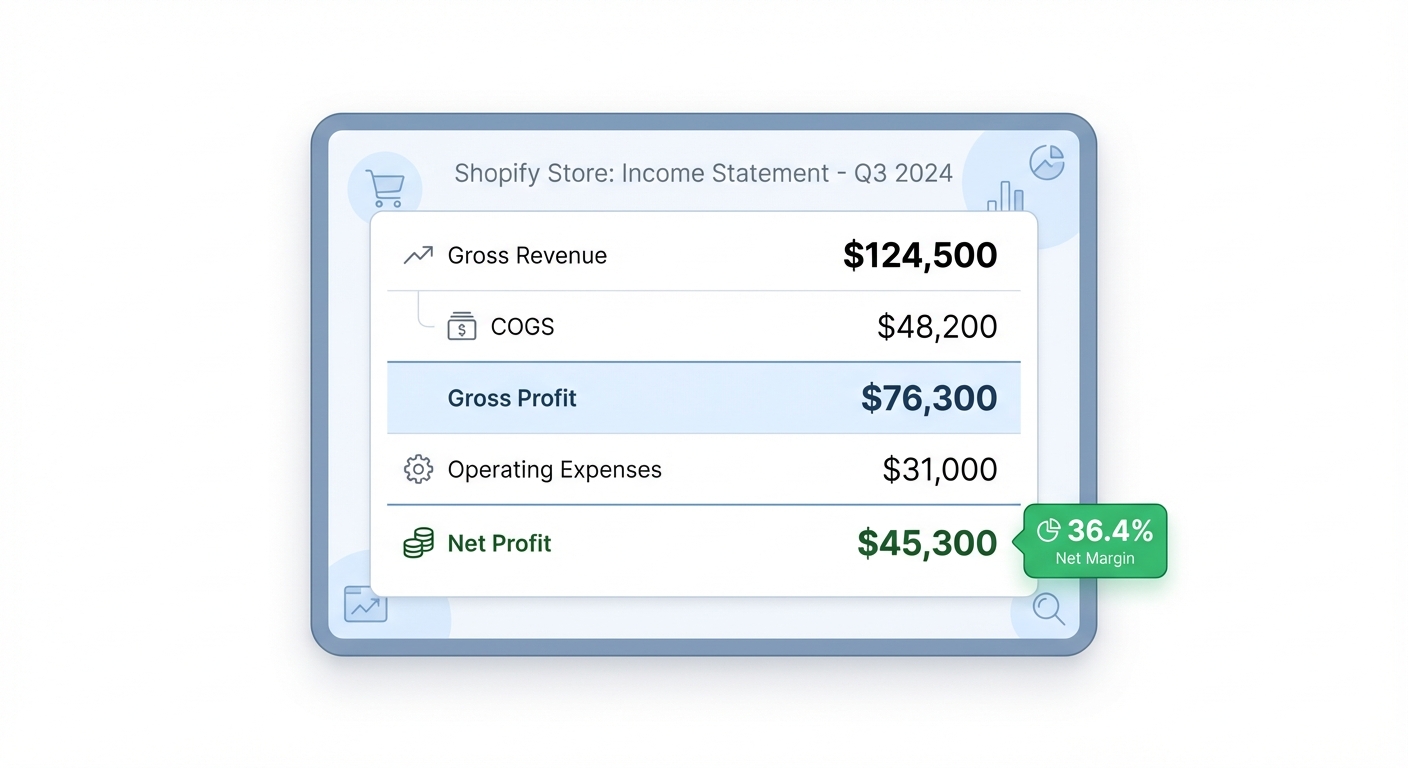 Flat UI mockup on a white background of a Shopify store P&L dashboard showing a clean income statement layout with labeled rows for Gross Revenue ($124,500), COGS ($48,200), Gross Profit ($76,300), Operating Expenses ($31,000), and Net Profit ($45,300), with a green positive net margin badge reading '36.4%'