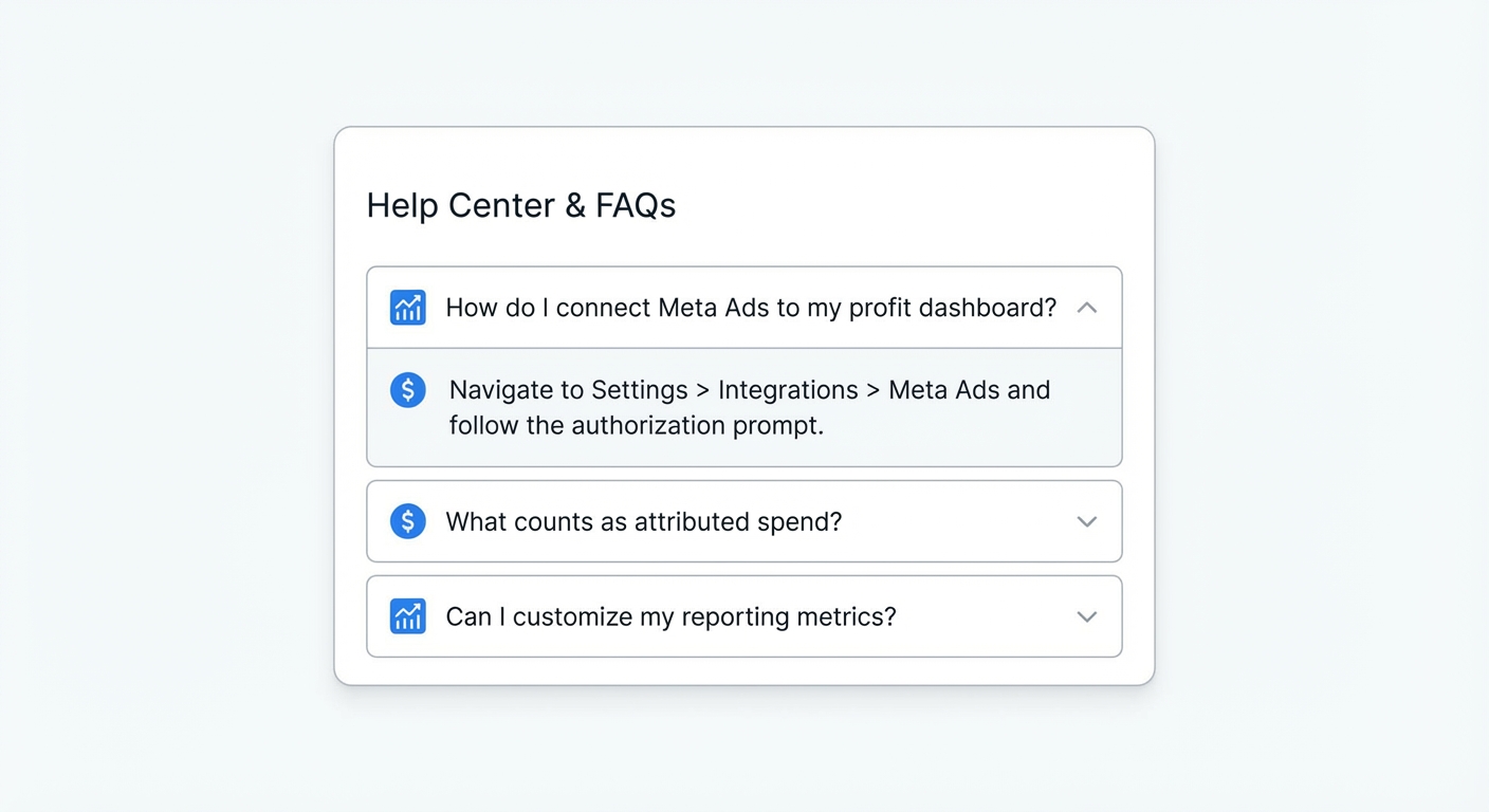 Flat UI mockup on a white background of a Q&A style help panel with three accordion-style rows listing common questions such as 'How do I connect Meta Ads to my profit dashboard?' and 'What counts as attributed spend?', each row featuring a dollar-sign or chart icon in blue and a short answer snippet below