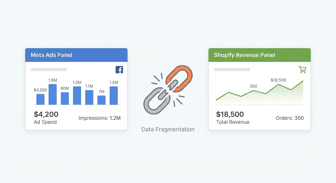 Flat UI mockup on a white background of a split-screen dashboard showing two disconnected panels: a Meta Ads panel displaying $4,200 ad spend with a bar chart, and a separate Shopify revenue panel showing $18,500 with a line graph, connected by a broken link icon in the center to illustrate data fragmentation