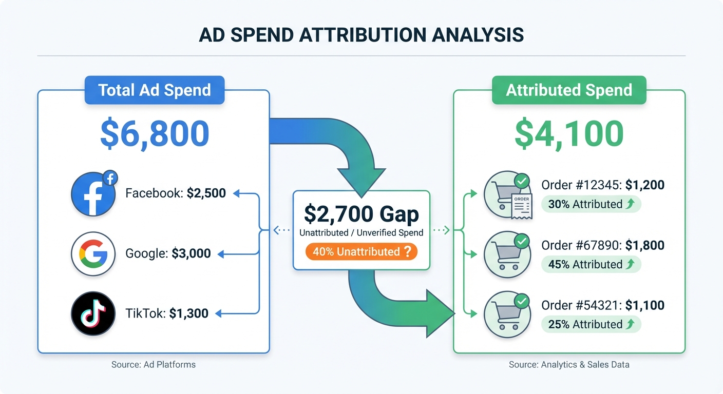 Clean infographic comparing two labeled columns side by side — 'Total Ad Spend' showing $6,800 across Facebook, Google, and TikTok icons, versus 'Attributed Spend' showing $4,100 tied to specific orders, with arrows and percentage labels illustrating the $2,700 gap between the two figures