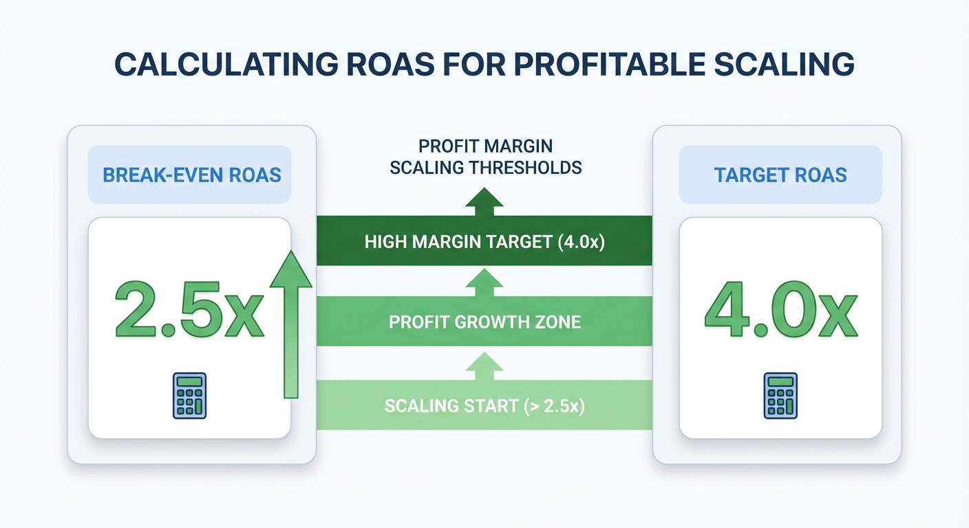 Flat UI mockup on a white background of a two-panel calculator showing break-even ROAS on the left at 2.5x and a target ROAS on the right at 4.0x, with upward-pointing green arrows and labeled profit margin bands between the two values indicating scaling thresholds