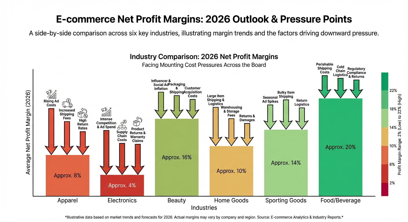 Clean infographic showing a side-by-side bar chart comparing average net profit margins across six e-commerce industries in 2026 (apparel, electronics, beauty, home goods, sporting goods, and food/beverage), with color-coded bars ranging from 2% to 22%, annotated with downward pressure arrows and labels highlighting rising ad costs, shipping fees, and return rates.