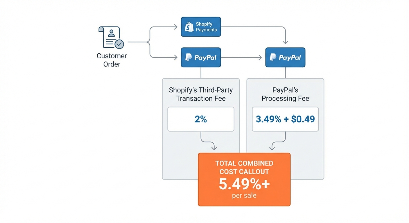 Clean infographic illustrating a transaction flow diagram where a PayPal payment sits alongside Shopify Payments rather than replacing it, showing two separate fee columns—one for Shopify's third-party transaction fee (2%) and one for PayPal's processing fee (3.49% + $0.49)—with a total combined cost callout of 5.49%+ per sale highlighted in orange
