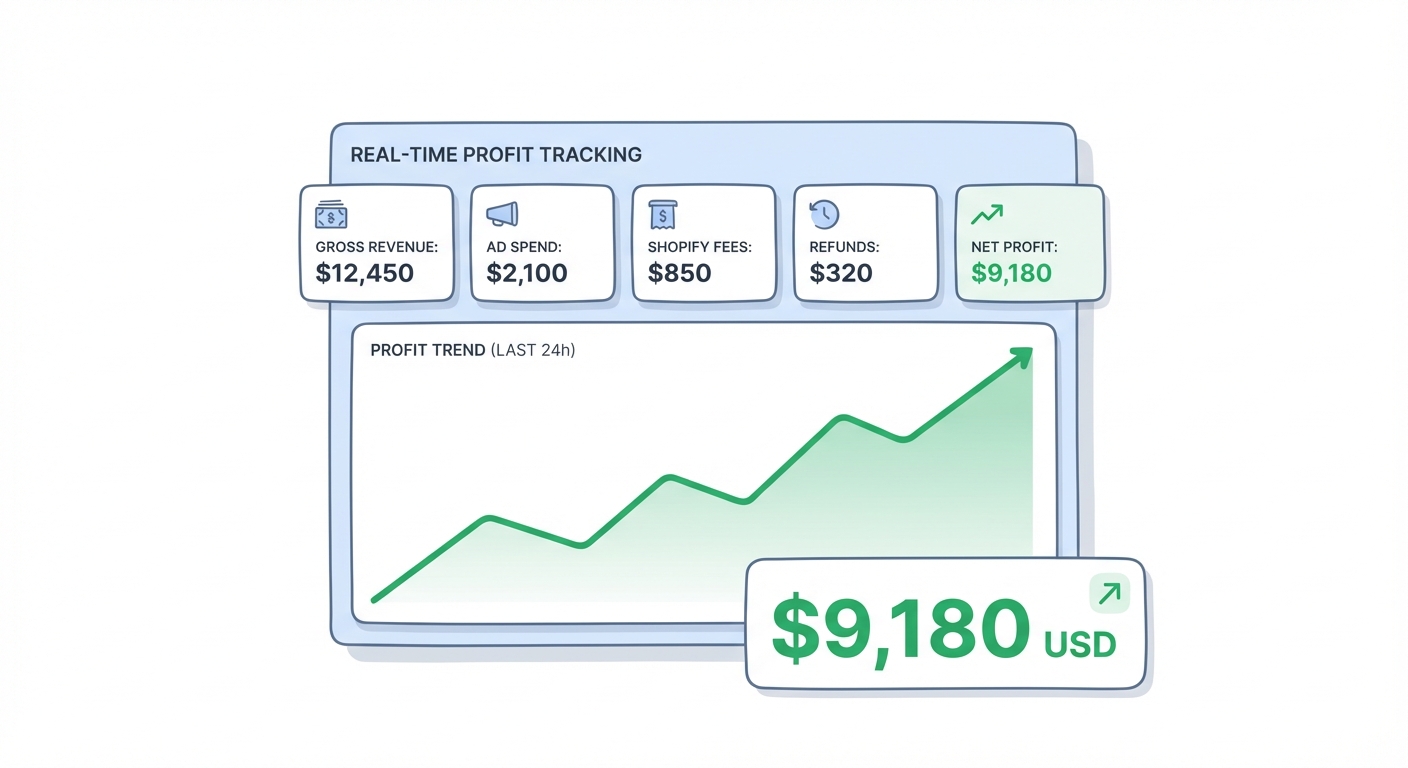 Clean UI dashboard mockup on a white background showing a real-time profit tracking panel with labeled metrics for gross revenue, ad spend, Shopify fees, refunds, and net profit, featuring a green trend line graph and a bold bottom-line net profit figure in USD