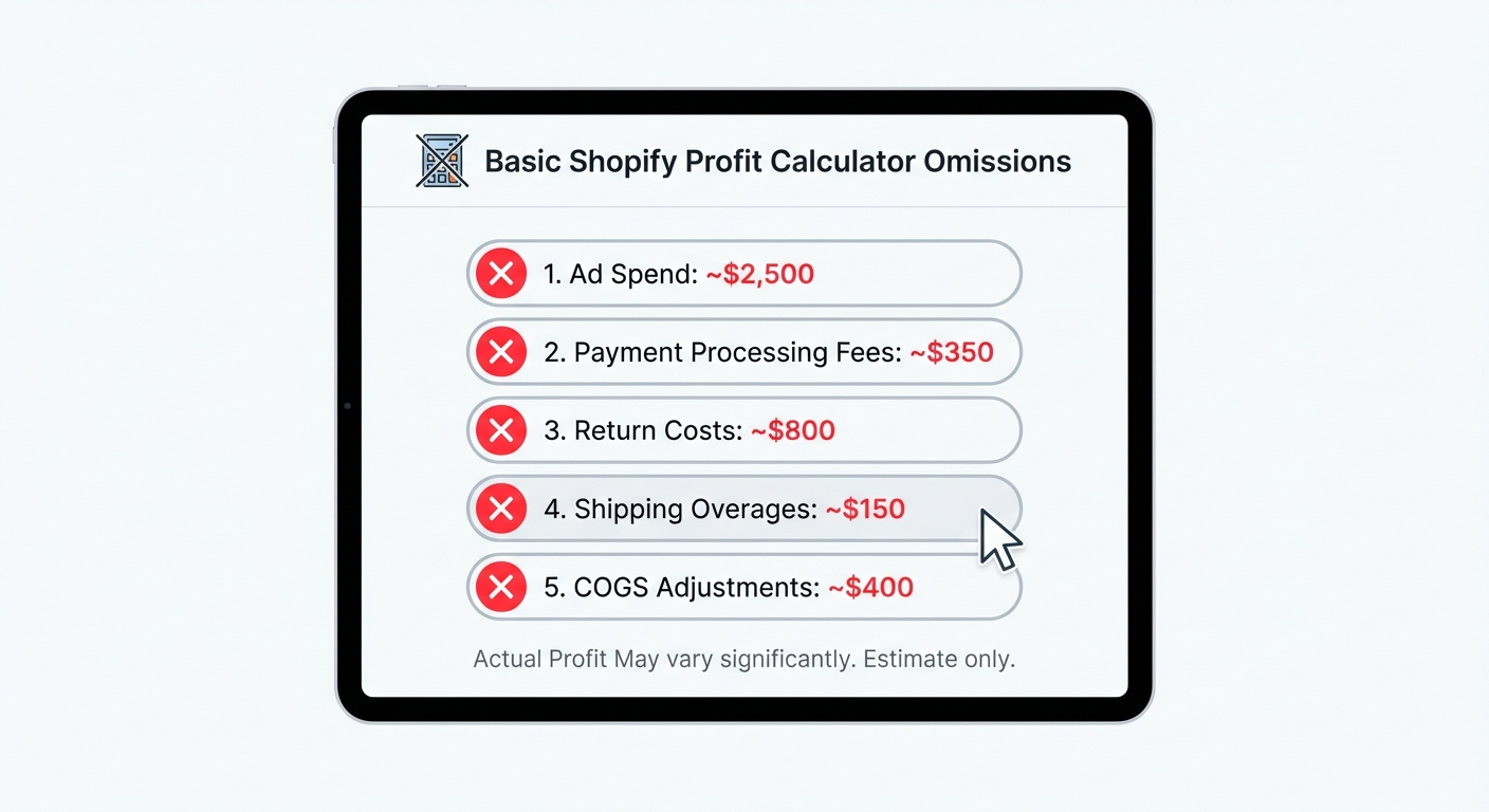 Flat UI mockup on a white background of a checklist-style infographic showing 5 labeled line items a basic Shopify profit calculator omits, including ad spend, payment processing fees, return costs, shipping overages, and COGS adjustments, each with a red X icon and a dollar-loss estimate in USD