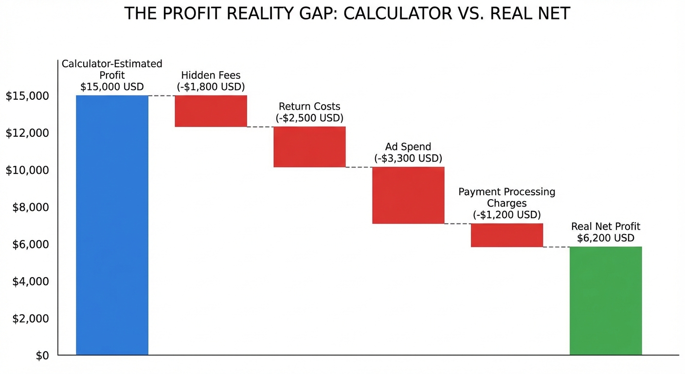 Waterfall chart on a white background illustrating the step-down gap between a $15,000 calculator-estimated profit and a $6,200 real net profit, with labeled descending bars for hidden fees, return costs, ad spend, and payment processing charges in USD