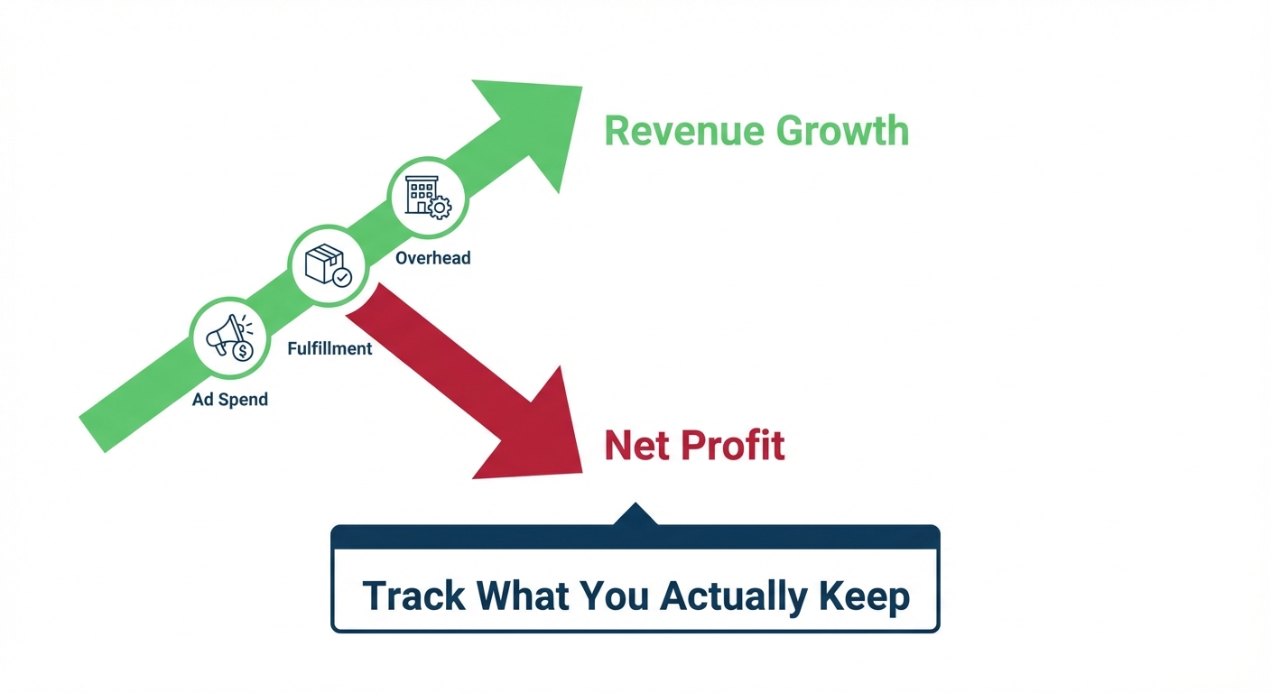 Clean infographic on a white background showing two diverging path arrows labeled 'Revenue Growth' pointing up-right in green and 'Net Profit' pointing down-right in red, with three labeled cost icons along the revenue arrow representing ad spend, fulfillment, and overhead, and a bold callout at the bottom reading 'Track What You Actually Keep'