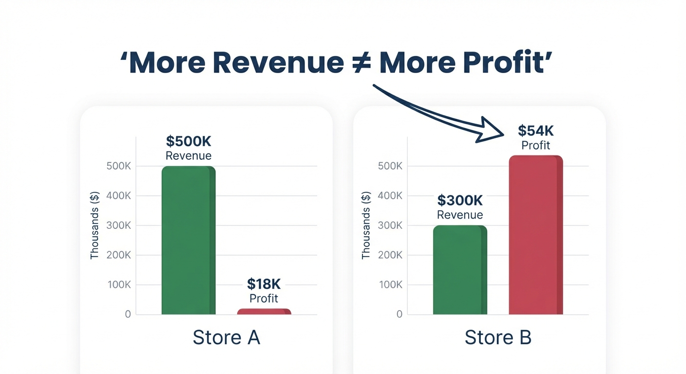 Bar chart comparing two Shopify stores side by side, one labeled 'Store A' with $500K revenue bar in green and a slim $18K profit bar in red, the other labeled 'Store B' with $300K revenue bar in green and a taller $54K profit bar in red, with a bold annotation reading 'More Revenue ≠ More Profit' on a white background