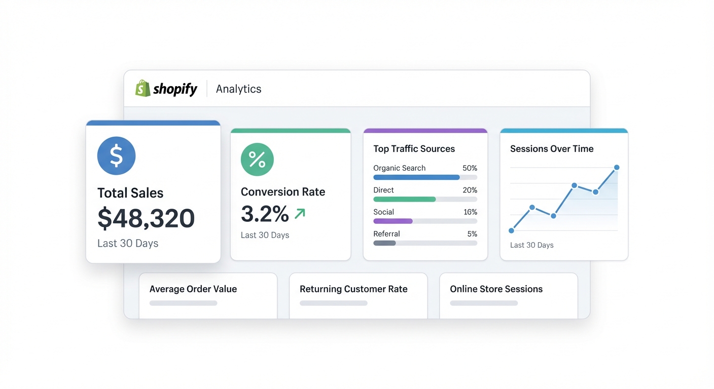 Flat UI mockup on a white background of a Shopify Analytics dashboard panel highlighting key built-in metrics including total sales of $48,320, conversion rate at 3.2%, top traffic sources, and a sessions-over-time line chart with an upward trend labeled 'Last 30 Days'