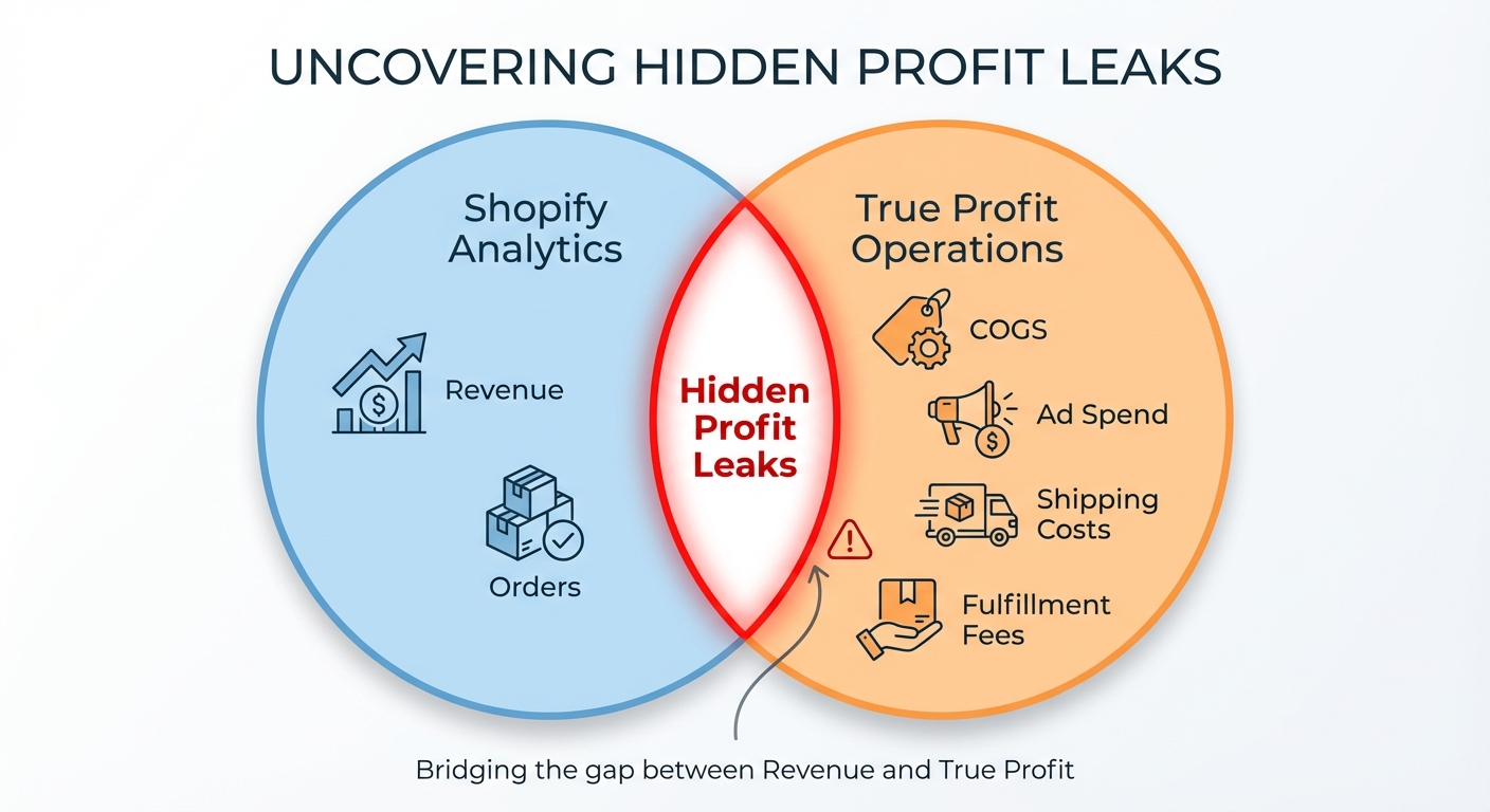 Clean infographic showing a Venn diagram with one circle labeled 'Shopify Analytics' containing icons for revenue and orders, and a second circle labeled 'True Profit Operations' containing icons for COGS, ad spend, shipping costs, and fulfillment fees, with the non-overlapping gap area highlighted in red and labeled 'Hidden Profit Leaks'