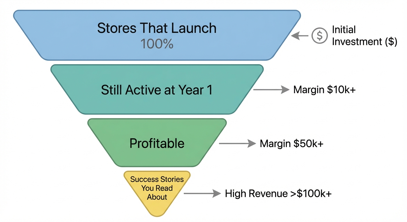 Clean infographic showing an inverted pyramid of Shopify store survival rates, with the wide top tier labeled 'Stores That Launch' showing 100%, narrowing through tiers labeled 'Still Active at Year 1', 'Profitable', and a tiny bottom tier labeled 'Success Stories You Read About', with dollar margin figures annotated at each level on a white background