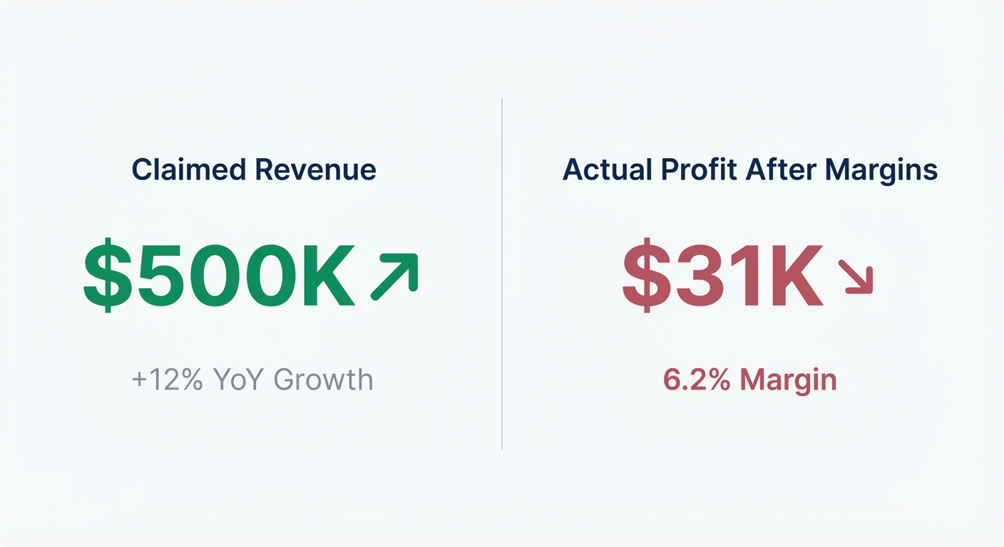 Flat UI mockup on a white background of a split-panel comparison dashboard, left panel labeled 'Claimed Revenue' showing a bold green $500K figure with upward arrow, right panel labeled 'Actual Profit After Margins' showing a sobering $31K figure in muted red, with percentage margin labels and a thin dividing line between panels