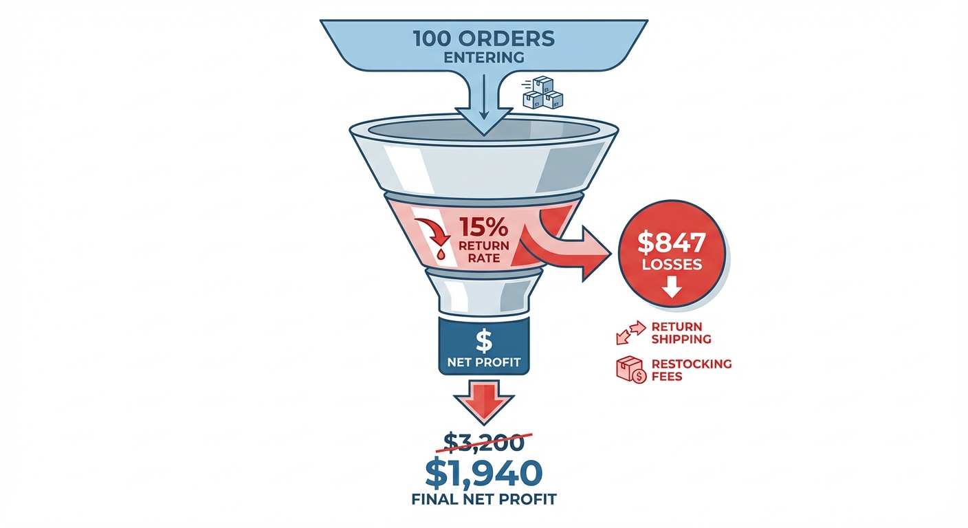 Clean infographic illustrating the return rate impact on dropshipping margins with a funnel diagram showing 100 orders entering at the top, a 15% return rate draining $847 in losses mid-funnel, and final net profit shrinking from $3,200 to $1,940 at the bottom, with red dollar loss indicators and labeled cost components including restocking fees and return shipping