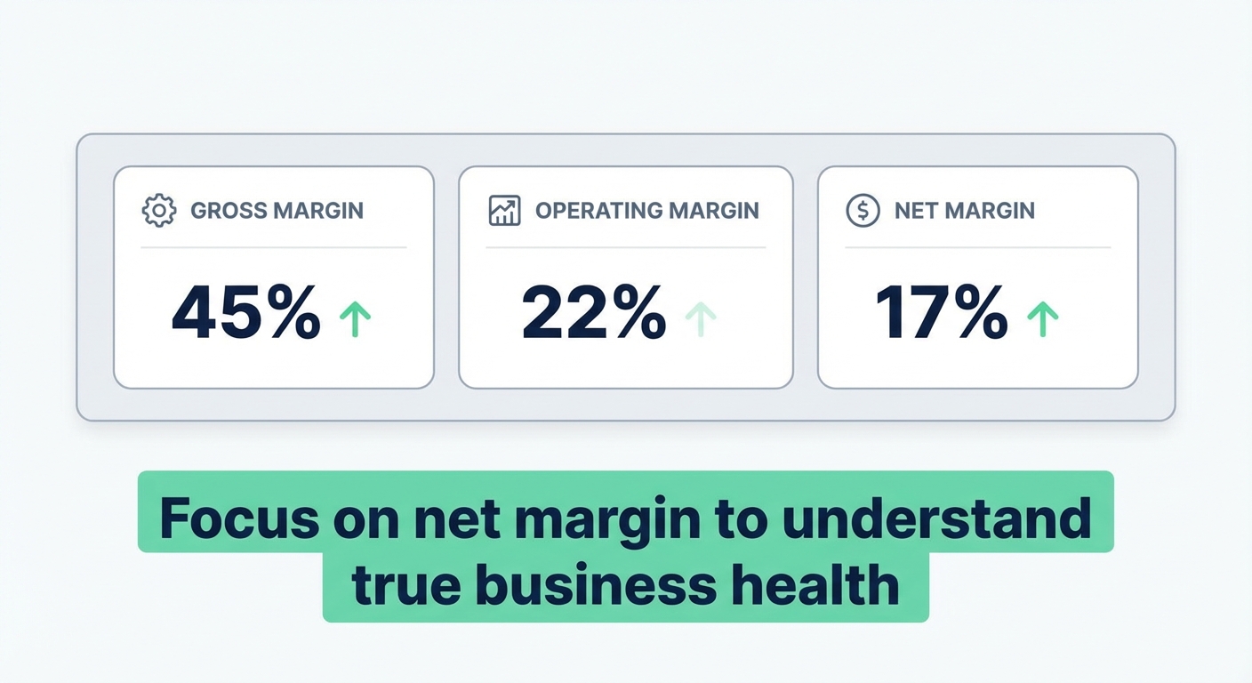 Flat UI mockup on a white background of a profit margin summary dashboard panel showing three key metrics side by side — gross margin at 45%, operating margin at 22%, and net margin at 17% — with a bottom banner reading 'Focus on net margin to understand true business health', using bold typography and a minimal card-based layout