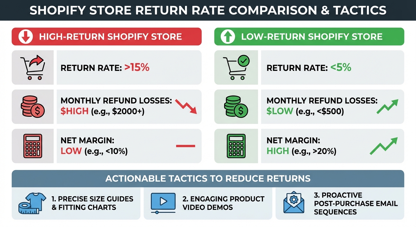Clean infographic on a white background showing two columns comparing a high-return Shopify store versus a low-return Shopify store, with icons and metrics for return rate percentage, monthly refund losses in USD, net margin, and three actionable tactics listed below such as size guides, product video demos, and post-purchase email sequences
