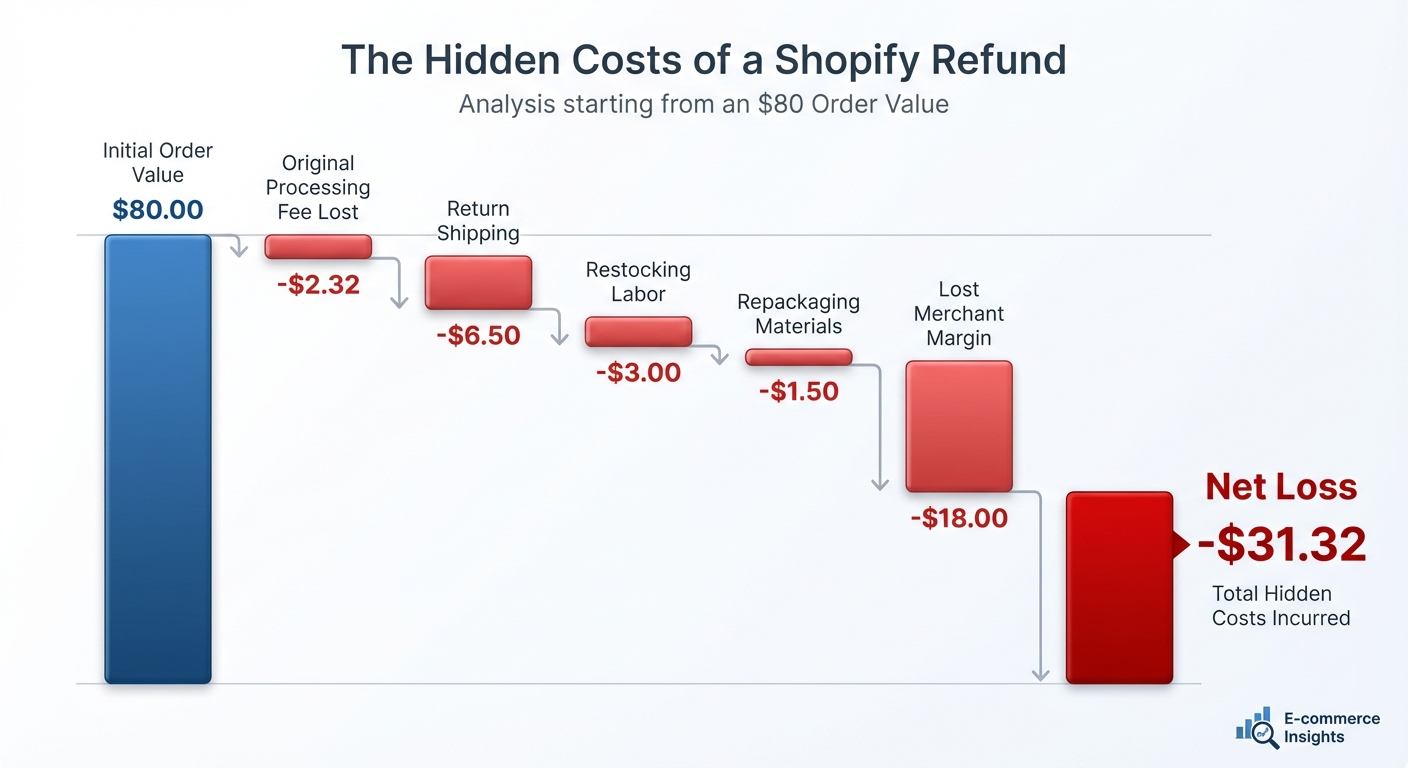 Waterfall chart illustrating the five hidden costs of a Shopify refund starting from a $80 order value, with labeled descending bars for original payment processing fee lost ($2.32), return shipping ($6.50), restocking labor ($3.00), repackaging materials ($1.50), and lost merchant margin ($18.00), ending at a net loss figure in red on a white background