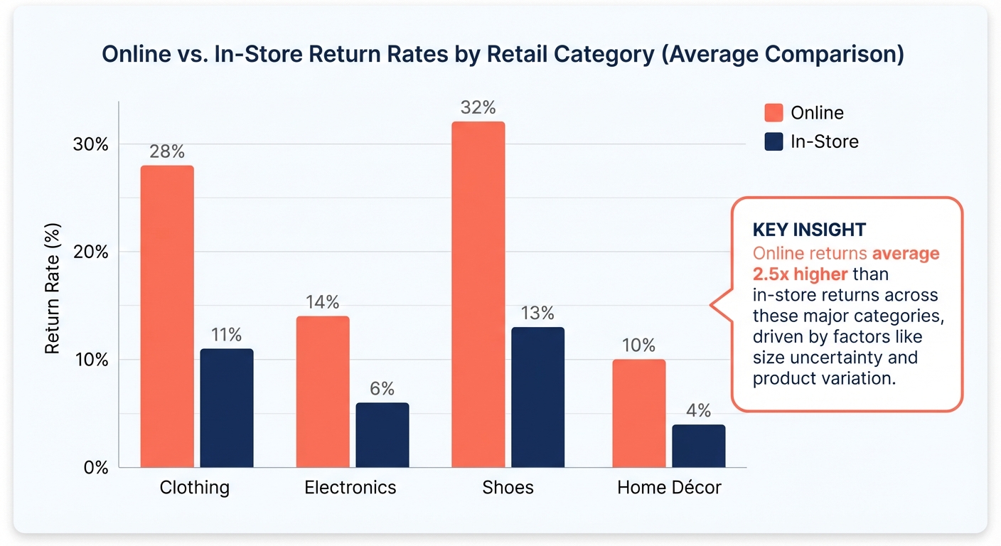 Side-by-side grouped bar chart on a clean white background contrasting online vs. in-store return rates across four major retail categories — clothing, electronics, shoes, and home décor — with online bars in coral and in-store bars in navy blue, percentage labels above each bar, and a callout box highlighting that online returns average 2.5x higher than in-store.
