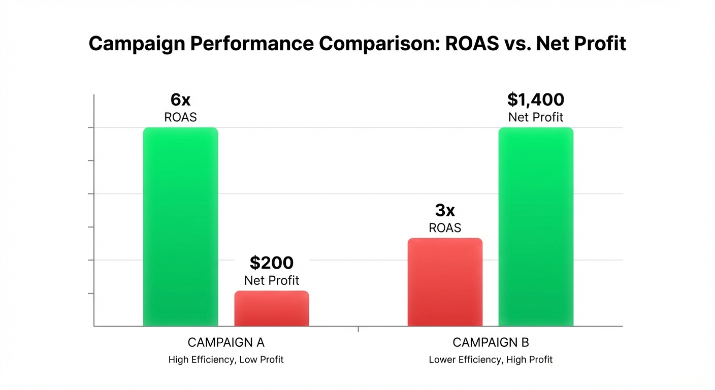 Bar chart comparing two side-by-side campaign results labeled 'Campaign A' and 'Campaign B', where Campaign A shows a high ROAS of 6x with a net profit of $200 and Campaign B shows a lower ROAS of 3x but a net profit of $1,400, with color-coded bars in red and green highlighting the profit discrepancy on a white background