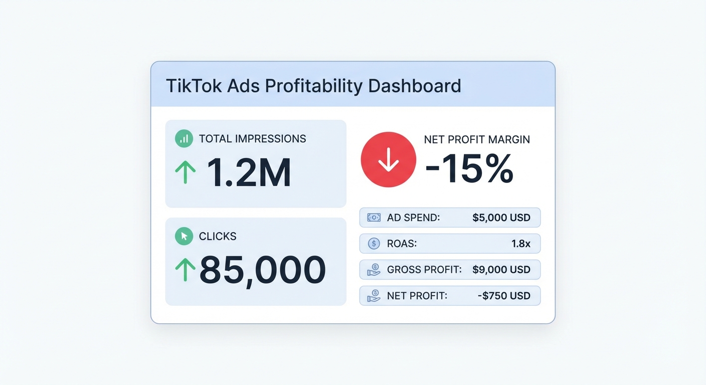 Flat UI mockup on a white background of a TikTok Ads profitability dashboard panel showing high impressions and click metrics on the left contrasted with a red negative profit margin indicator on the right, with labeled fields for ad spend, ROAS, gross profit, and net profit in USD