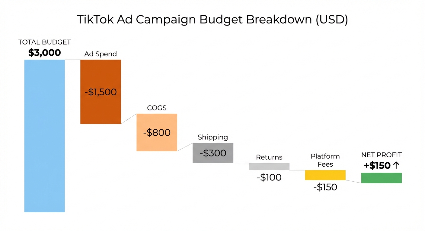 Waterfall chart illustrating a $3,000 TikTok ad campaign budget breakdown, with labeled descending bars showing deductions for ad spend, COGS, shipping, returns, and platform fees, ending in a final green or red net profit bar with exact USD dollar amounts on each segment
