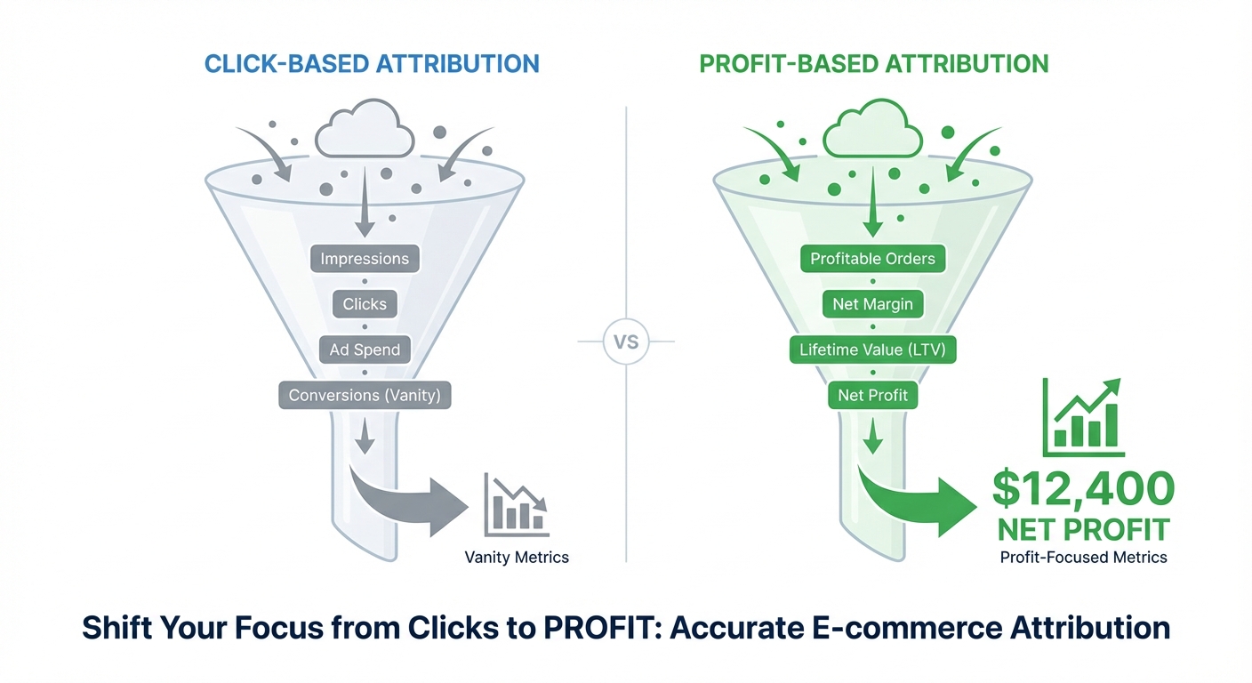 Clean infographic showing two side-by-side funnels labeled 'Click-Based Attribution' and 'Profit-Based Attribution', with the left funnel highlighting vanity metrics like clicks and impressions in gray, and the right funnel highlighting profit-focused metrics like net margin, LTV, and profitable orders in green, with dollar amounts such as $12,400 net profit displayed prominently