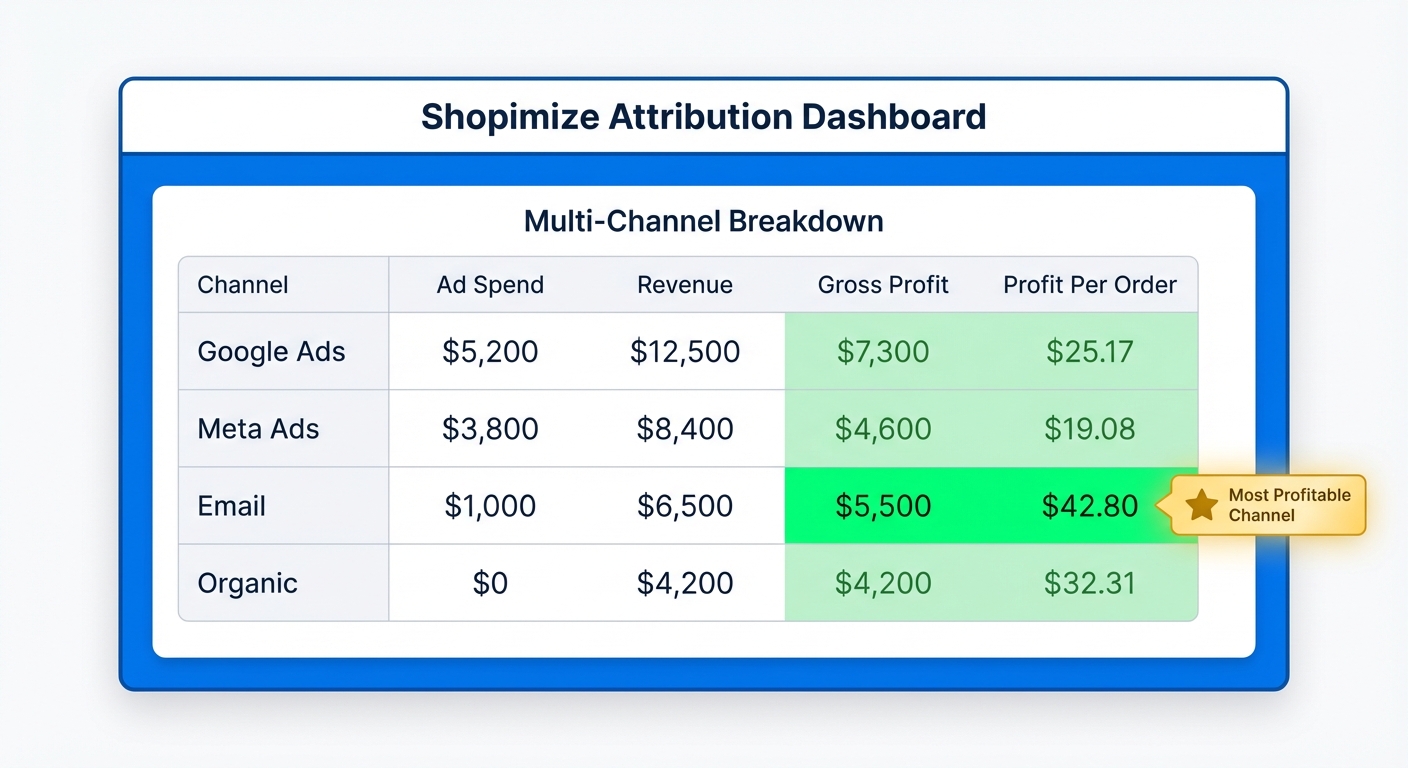 Flat UI mockup on a white background of a Shopimize attribution dashboard panel showing a multi-channel breakdown table with rows for Google Ads, Meta Ads, Email, and Organic, each displaying columns for ad spend, revenue, gross profit, and profit per order, with color-coded profit margins and a highlighted 'Most Profitable Channel' badge next to Email showing $42.80 profit per order
