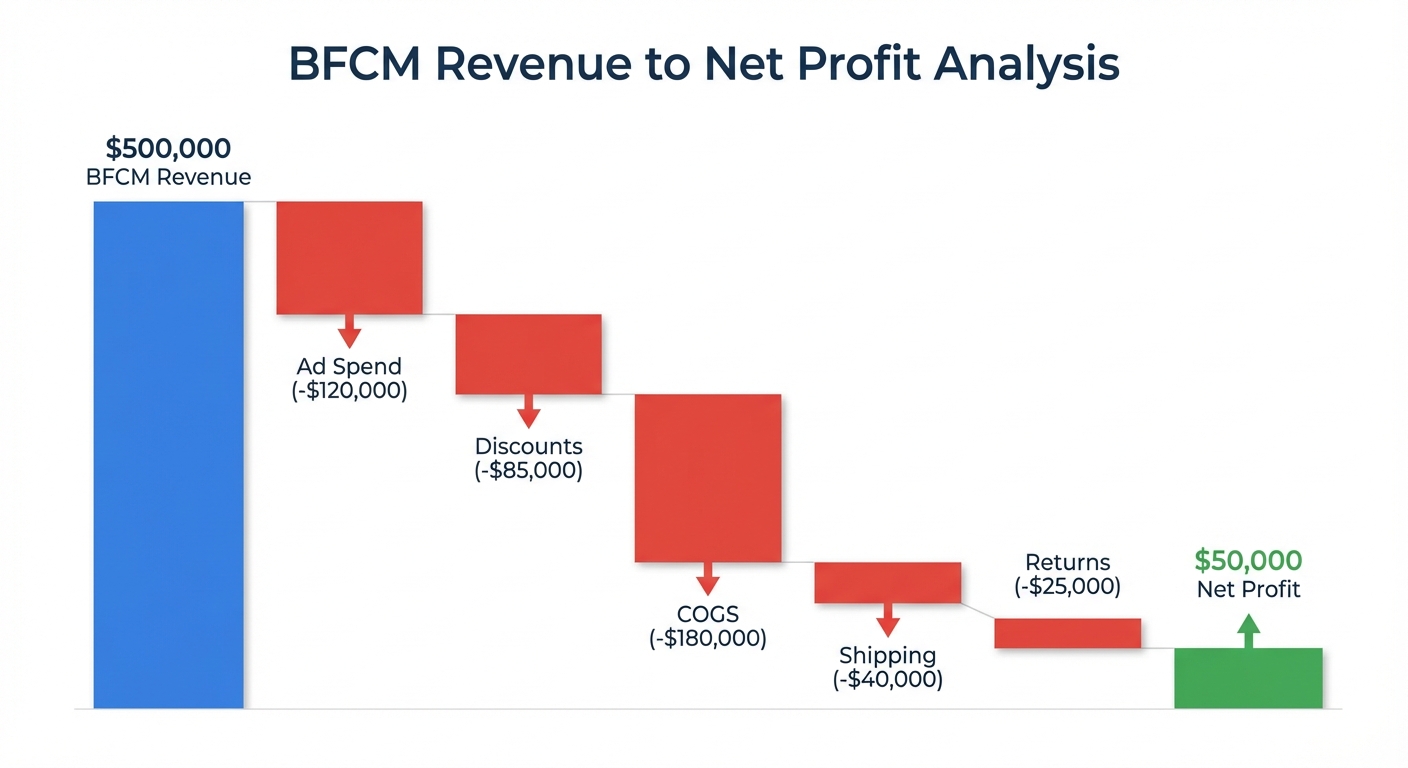 Waterfall chart illustrating a $500,000 BFCM revenue figure cascading down through labeled deduction blocks including ad spend (-$120,000), discounts (-$85,000), COGS (-$180,000), shipping (-$40,000), and returns (-$25,000), landing on a final net profit bar of $50,000, with red loss blocks and a green profit block on a white background