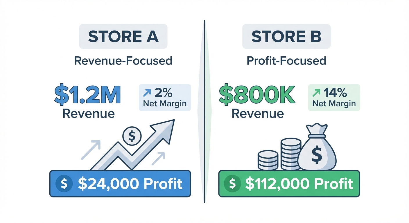 Clean infographic showing a split comparison between two fictional Shopify stores side by side, Store A labeled 'Revenue-Focused' showing $1.2M revenue with 2% net margin and Store B labeled 'Profit-Focused' showing $800K revenue with 14% net margin, with bold dollar profit totals of $24,000 versus $112,000 highlighted beneath each column on a white background