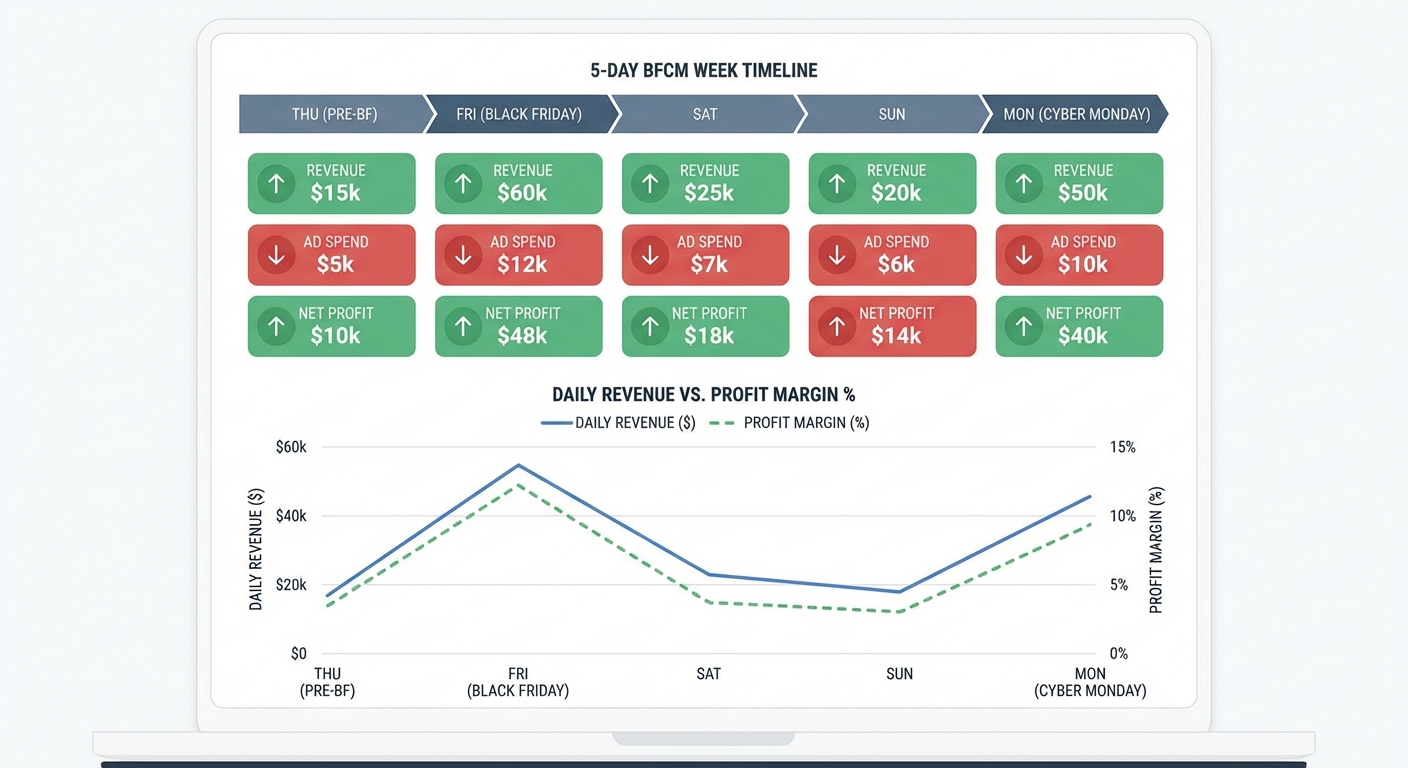 Flat UI mockup on a white background of a daily BFCM profit tracking dashboard showing a 5-day Black Friday week timeline (Thursday through Cyber Monday), with each day displaying three KPI tiles for revenue, ad spend, and net profit in green or red, plus a line graph comparing daily revenue versus daily profit margin percentage across the week