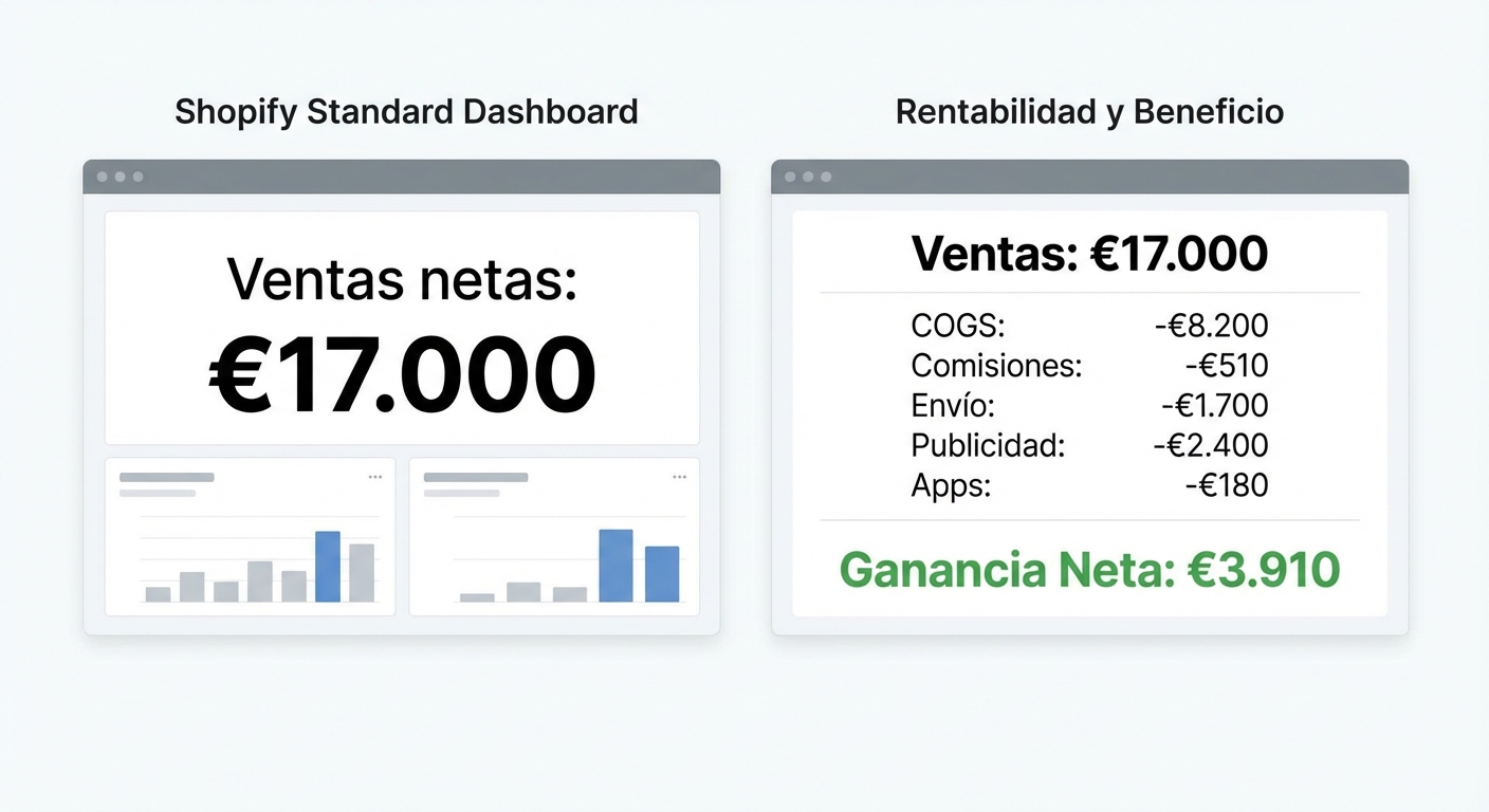Flat UI mockup sobre fondo blanco de dos pantallas de dashboard lado a lado. La pantalla izquierda muestra el panel estándar de Shopify con 