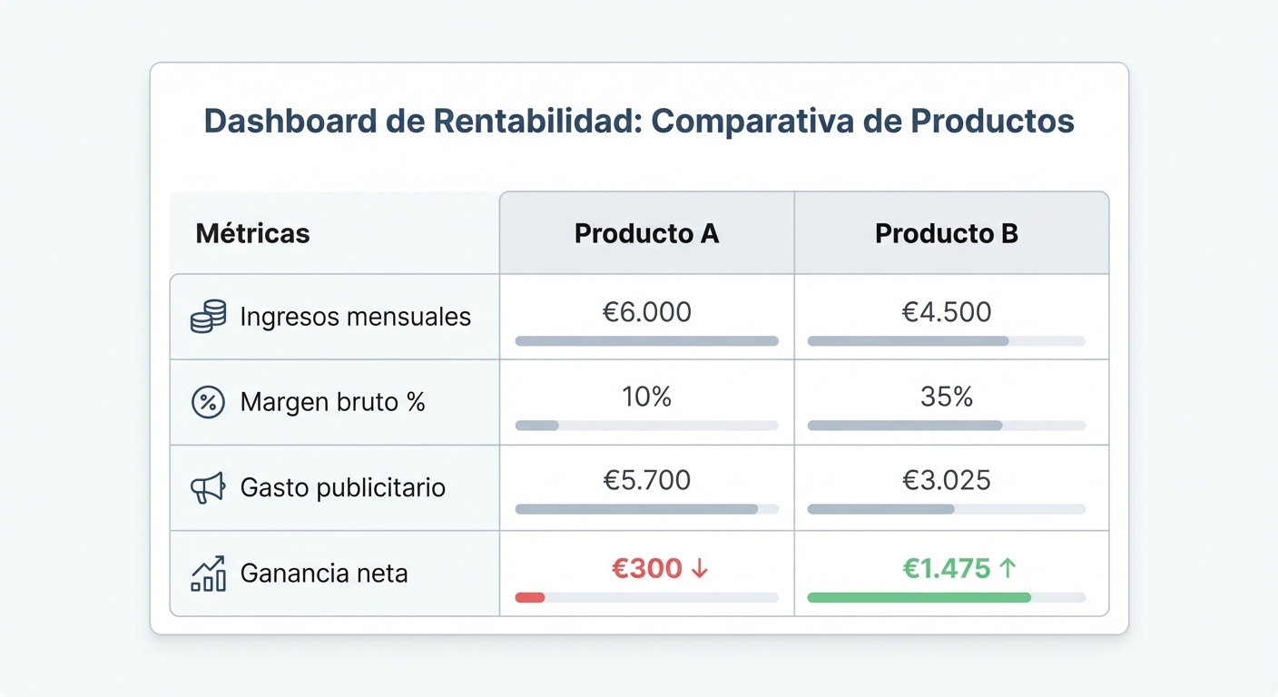 Flat UI mockup sobre fondo blanco de una tabla comparativa de dos productos en un dashboard de rentabilidad. Columnas: Producto A y Producto B. Filas: Ingresos mensuales, Margen bruto %, Gasto publicitario, Ganancia neta. Producto A muestra €6.000 de ingresos pero solo €300 de ganancia en rojo. Producto B muestra €4.500 de ingresos y €1.475 de ganancia en verde. Diseño de tabla limpio con tipografía clara.