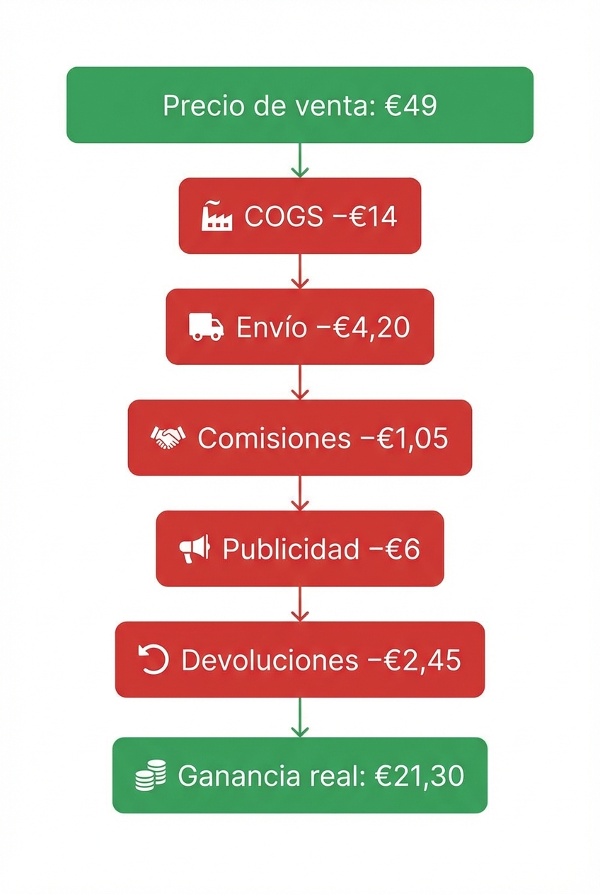 Infografía vertical sobre fondo blanco claro mostrando la cascada de costos por pedido para una tienda Shopify. En la parte superior, un bloque verde con