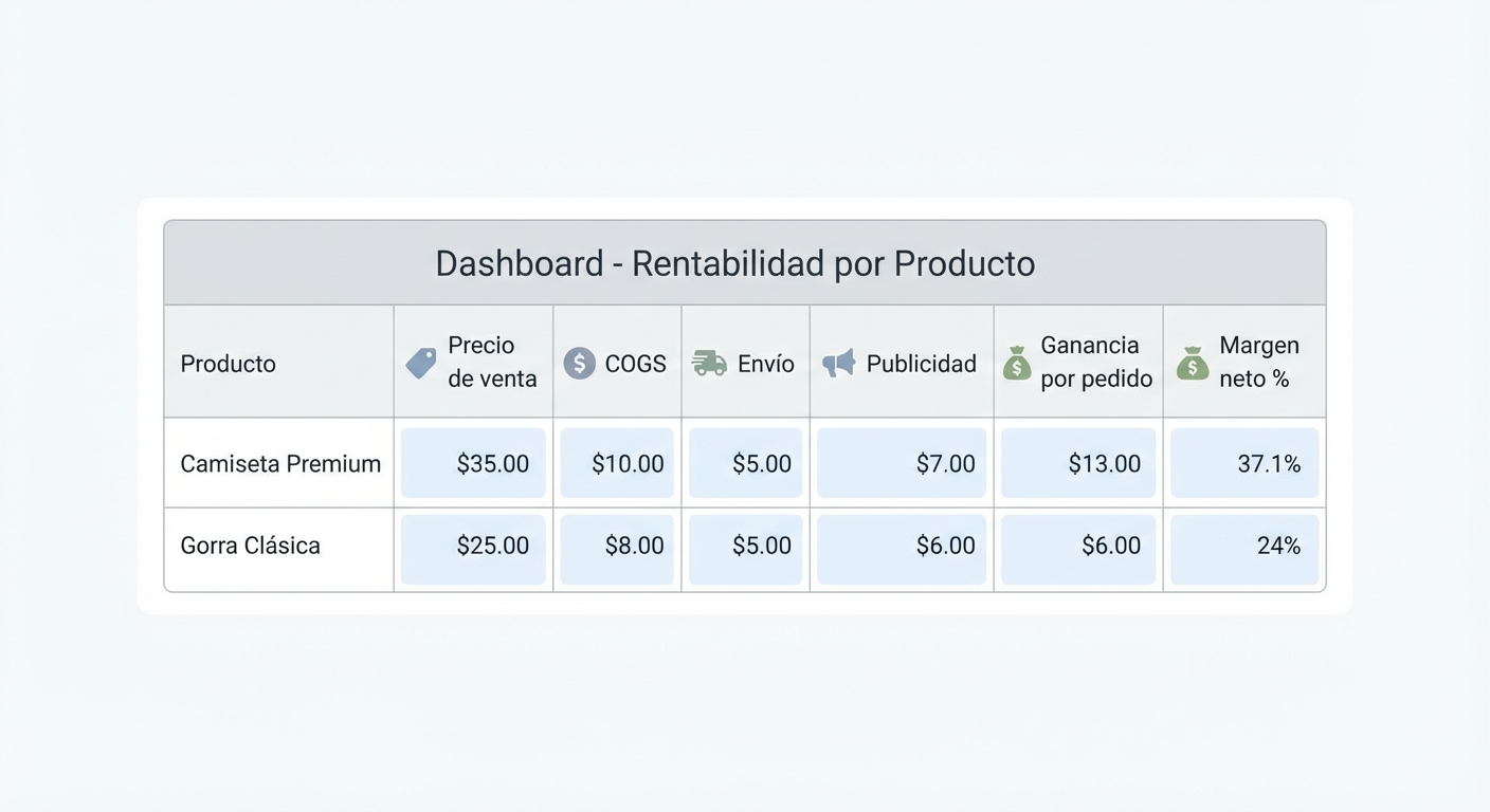Flat UI mockup sobre fondo blanco de una interfaz SaaS mostrando una tabla de productos con columnas: