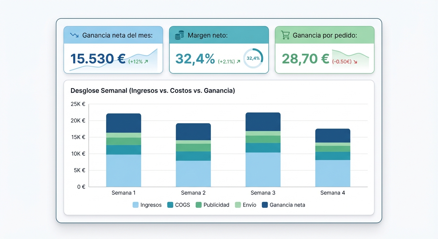 Mockup UI flat sobre fondo blanco claro de un panel de analíticas SaaS con tres tarjetas de métricas en la fila superior: