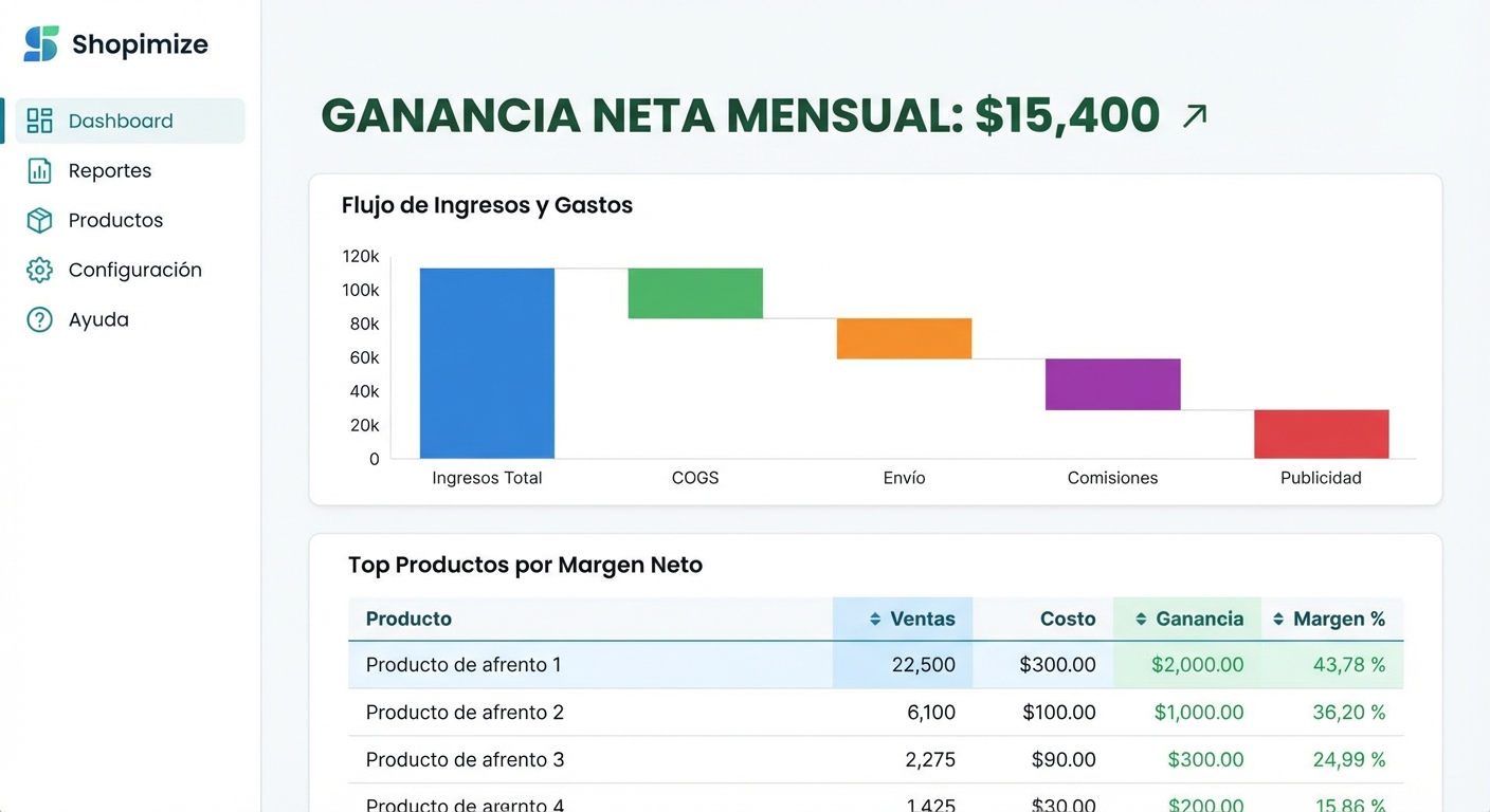 Mockup UI flat sobre fondo blanco de la interfaz de Shopimize con panel izquierdo de navegación y área principal mostrando: número grande de ganancia neta mensual en verde oscuro, un gráfico de cascada horizontal con barras de colores representando ingresos, COGS, envío, comisiones y publicidad, y una tabla de productos ordenada por margen neto de mayor a menor con columnas de ventas, costo, ganancia y margen %. Tipografía moderna, diseño minimalista, paleta de colores azul-verde.