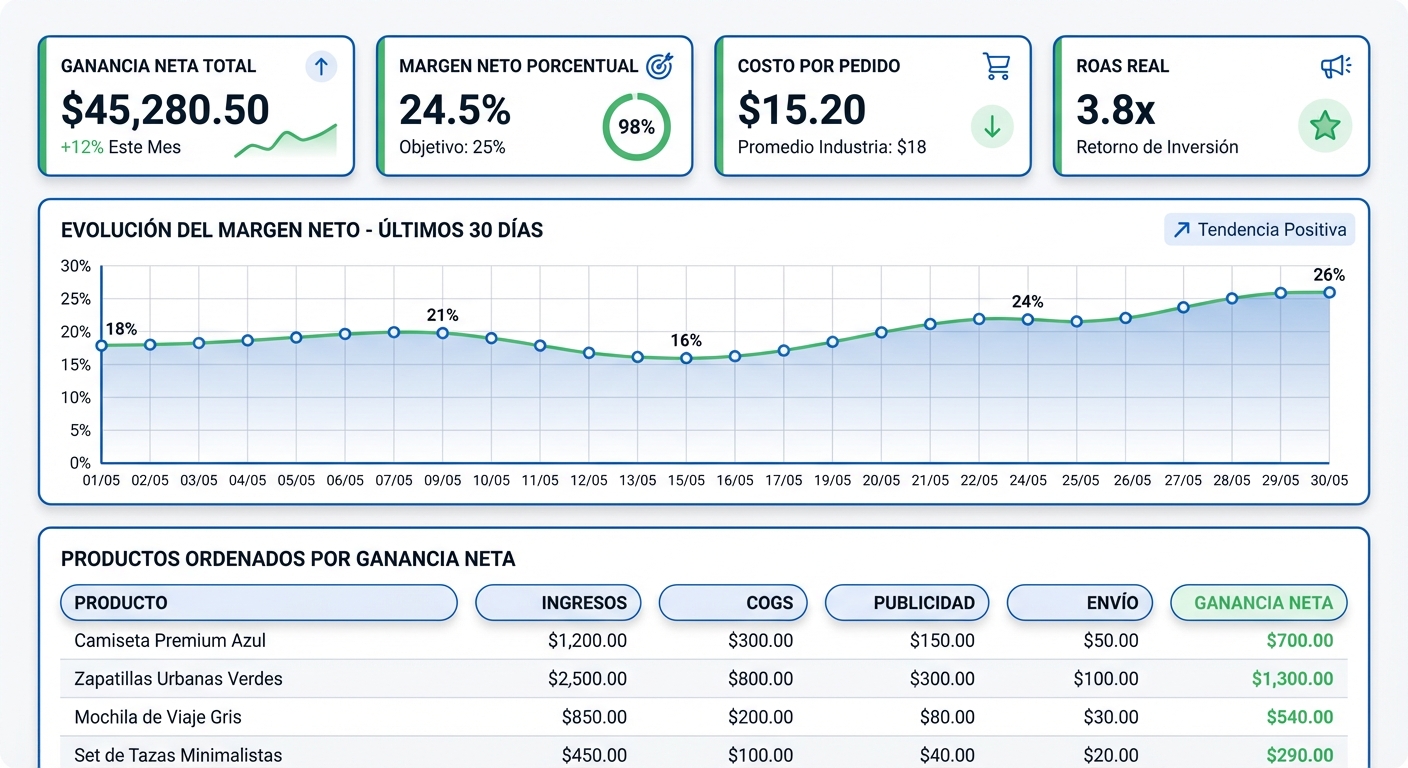 Mockup UI flat sobre fondo blanco de un dashboard de análisis de ganancias para Shopify. Panel superior con cuatro tarjetas de métricas: ganancia neta total, margen neto porcentual, costo por pedido y ROAS real. Panel central con un gráfico de líneas mostrando evolución del margen neto en los últimos 30 días. Panel inferior con tabla de productos ordenados por ganancia neta, con columnas de ingresos, COGS, publicidad, envío y ganancia neta. Paleta de colores azul y verde, tipografía moderna.