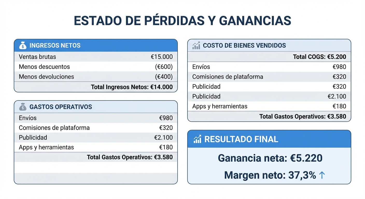 Mockup UI flat sobre fondo blanco de una hoja de cálculo de estado de pérdidas y ganancias con cuatro secciones claramente delimitadas. Primera sección