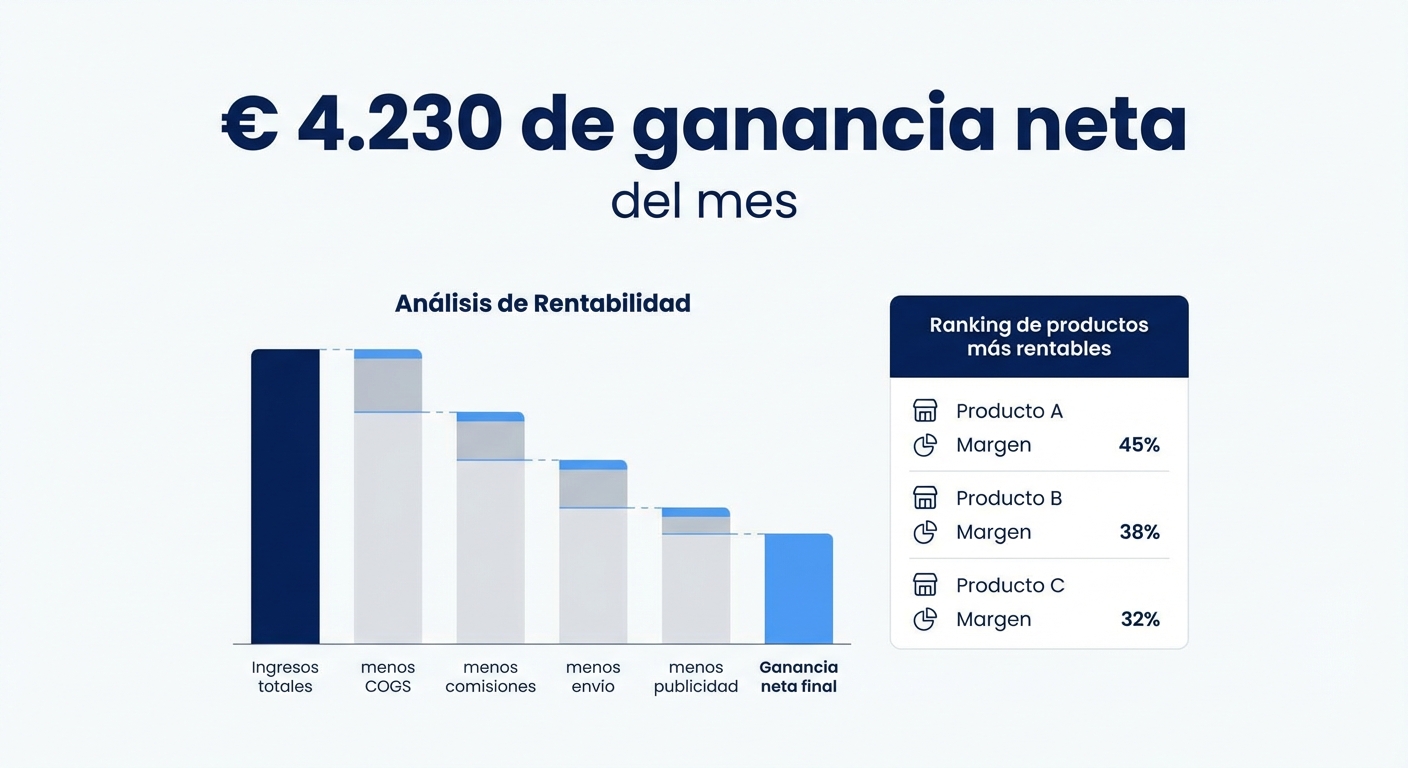 Mockup UI flat sobre fondo blanco de un panel de control SaaS con la interfaz de Shopimize en español. En la parte superior, un número grande de ganancia neta del mes (por ejemplo 