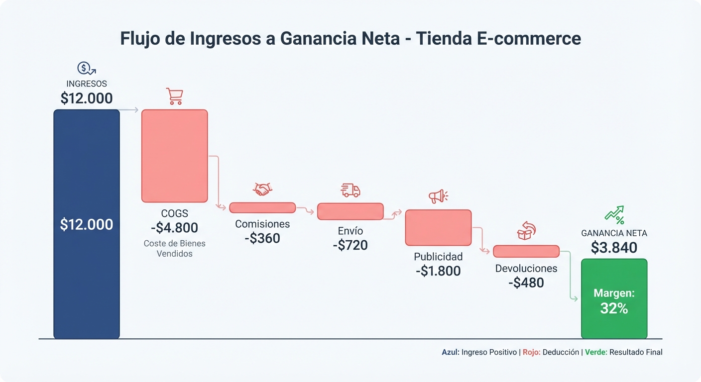 Gráfico de cascada en estilo flat sobre fondo claro, con etiquetas en español, que muestra el flujo de ingresos a ganancia neta para una tienda de e-commerce: barra inicial de $12.000 ingresos, luego barras de descuento en rojo para COGS (-$4.800), comisiones (-$360), envío (-$720), publicidad (-$1.800) y devoluciones (-$480). Barra final en verde que muestra $3.840 de ganancia neta con el porcentaje de margen. Tipografía moderna, colores azul oscuro para barras positivas, rojo claro para descuentos, verde para ganancia final.