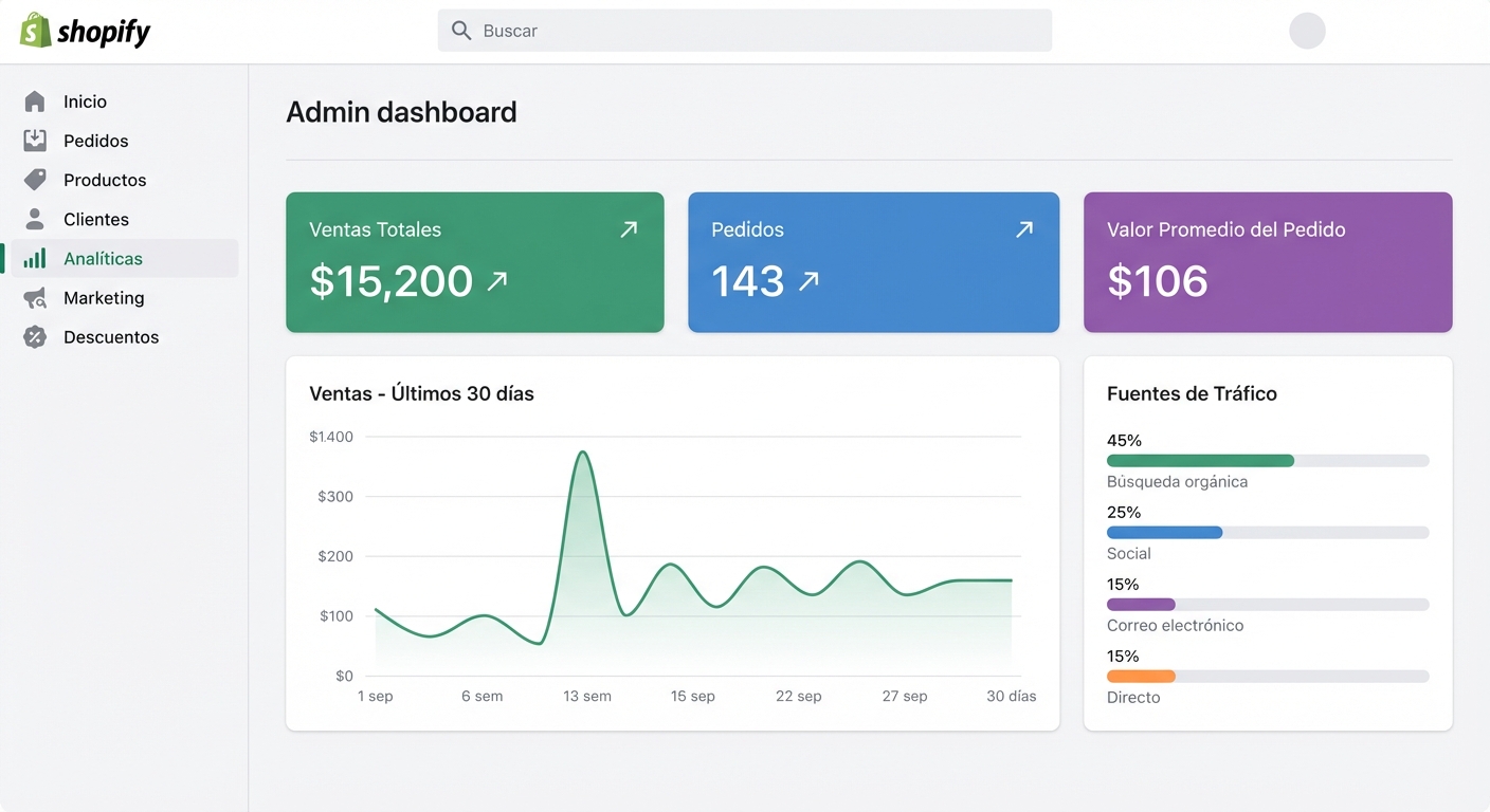 Flat UI mockup on a white background of the Shopify Analytics admin dashboard, showing a main panel with total sales ($15,200), number of orders (143), and average order value ($106), a line chart of sales over 30 days with a visible spike, and a traffic source breakdown with bars for organic search, social, email, and direct — all labeled in Spanish