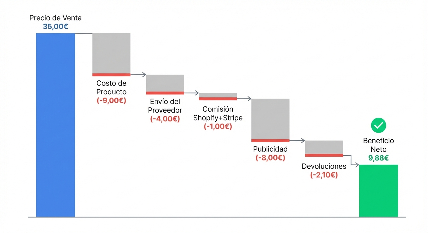 Infografía tipo gráfico de cascada (waterfall chart) sobre fondo blanco, con valores en euros, mostrando cómo el precio de venta de 35€ se reduce en cascada: primero costo de producto (-9€), luego envío del proveedor (-4€), luego comisión Shopify+Stripe (-1€), luego publicidad (-8€), luego devoluciones (-2,10€), y finalmente el beneficio neto de 9,88€ destacado en verde al final. Estilo flat, limpio, tipografía sans-serif.