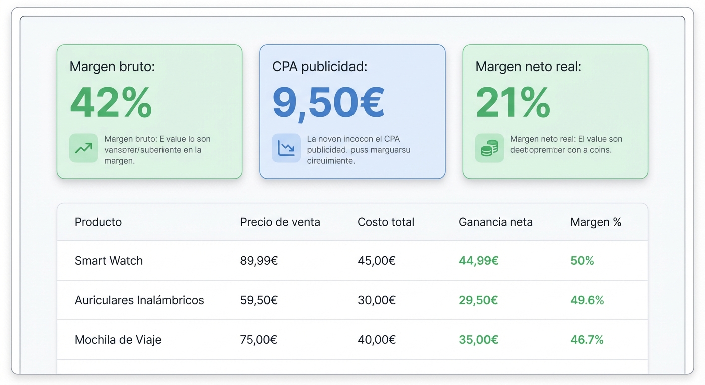 Mockup UI flat sobre fondo blanco de un dashboard de análisis de ganancias para dropshipping con tres métricas principales en la parte superior: