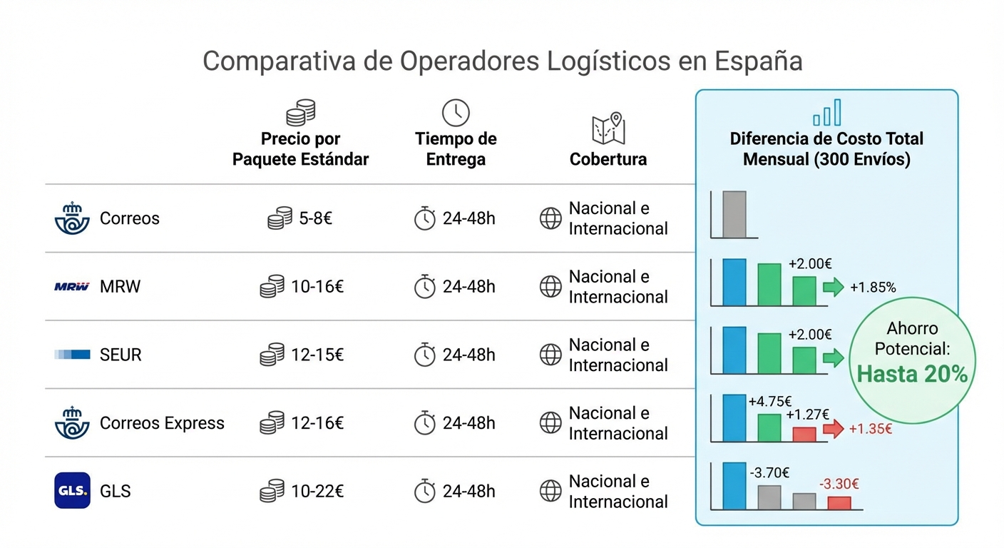 Infografía limpia sobre fondo claro comparando cinco operadores logísticos en España (Correos, MRW, SEUR, Correos Express, GLS) con columnas para precio por paquete estándar, tiempo de entrega y cobertura, con la diferencia de costo total mensual resaltada para 300 envíos al mes