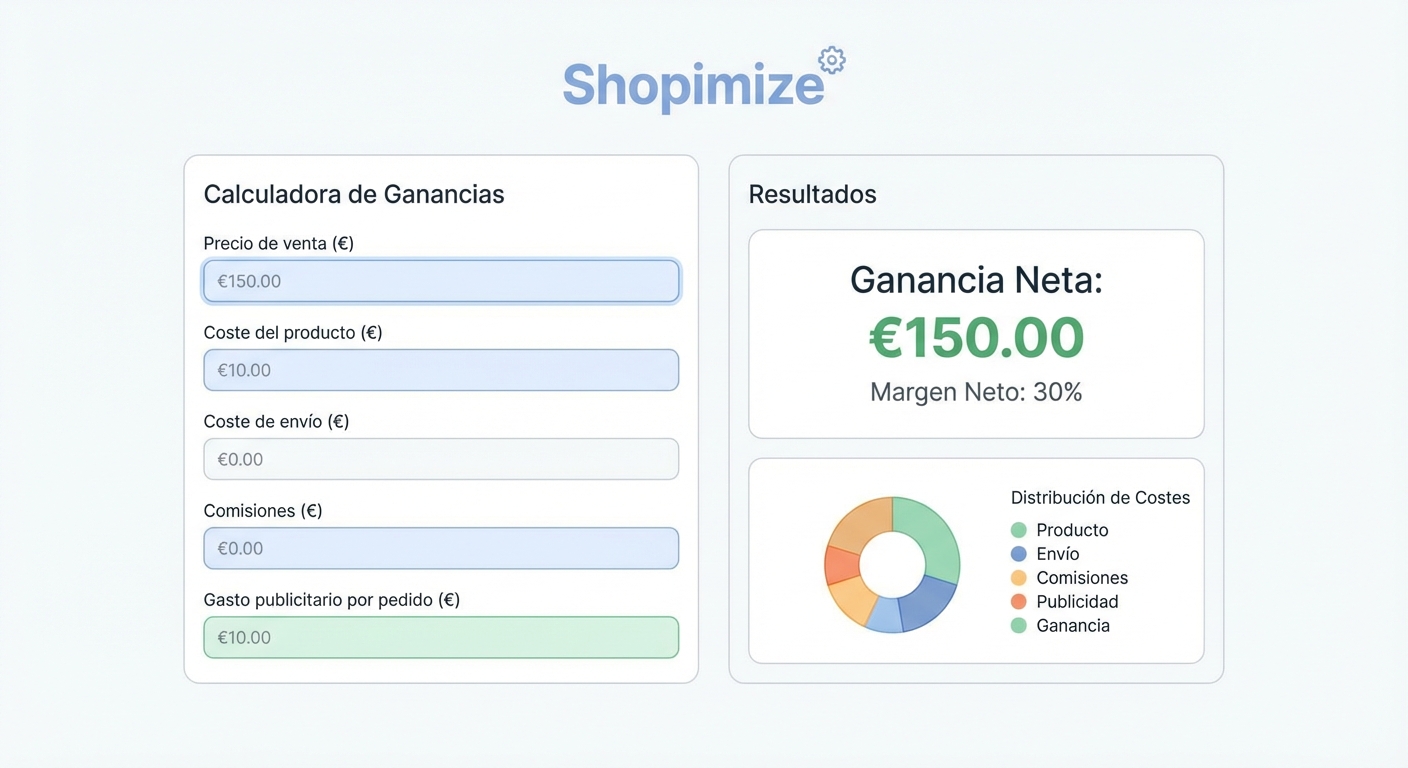 Mockup UI flat sobre fondo blanco de la calculadora de ganancias de Shopimize: formulario limpio con cinco campos de entrada (precio de venta, coste del producto, coste de envío, comisiones y gasto publicitario por pedido), y a la derecha un panel de resultados con la ganancia neta en grande, el margen neto en porcentaje y un pequeño gráfico de tarta mostrando la distribución de costes. Colores corporativos suaves, tipografía clara, estilo SaaS moderno.