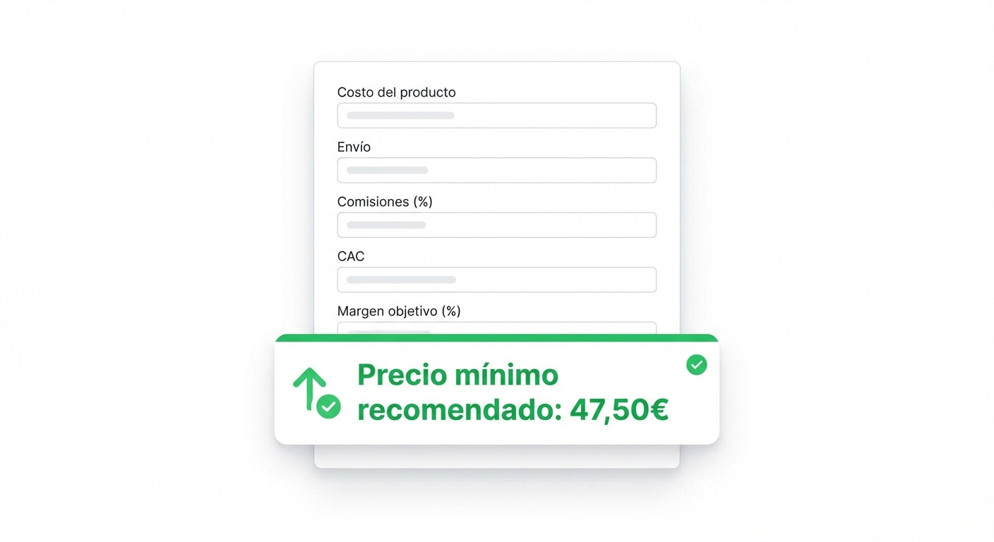 Mockup UI flat sobre fondo blanco de una calculadora de ganancias para ecommerce con campos de entrada etiquetados como