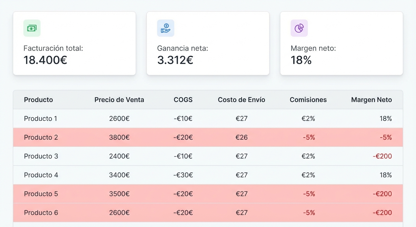 Mockup UI flat sobre fondo blanco de un panel de control SaaS con tres tarjetas en la parte superior mostrando