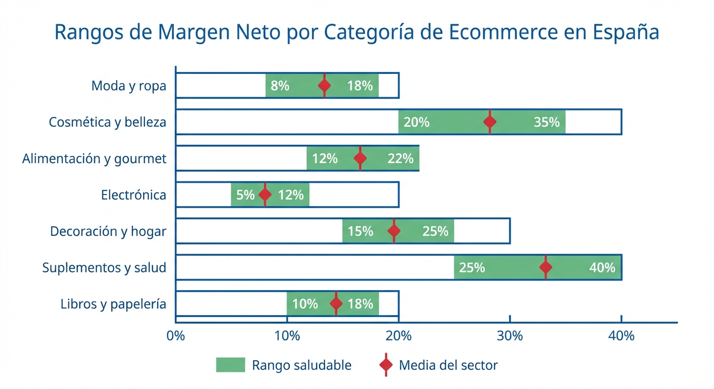 Infografía de barras horizontales sobre fondo blanco que muestra rangos de margen neto por categoría de ecommerce en España. Categorías en el eje vertical: Moda y ropa (8–18%), Cosmética y belleza (20–35%), Alimentación y gourmet (12–22%), Electrónica (5–12%), Decoración y hogar (15–25%), Suplementos y salud (25–40%), Libros y papelería (10–18%). Cada barra tiene una zona sombreada en verde para el rango saludable y un marcador rojo para la media del sector. Estilo plano, colores corporativos azul y verde, leyenda al pie.
