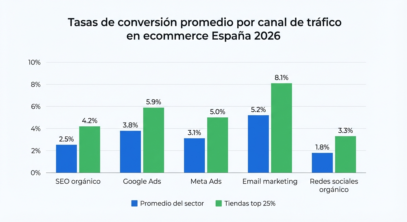 Gráfico de barras agrupadas sobre fondo blanco mostrando tasas de conversión promedio por canal de tráfico en ecommerce España 2026. Grupos en el eje horizontal: SEO orgánico, Google Ads, Meta Ads, Email marketing, Redes sociales orgánico. Para cada grupo, dos barras: una azul para 